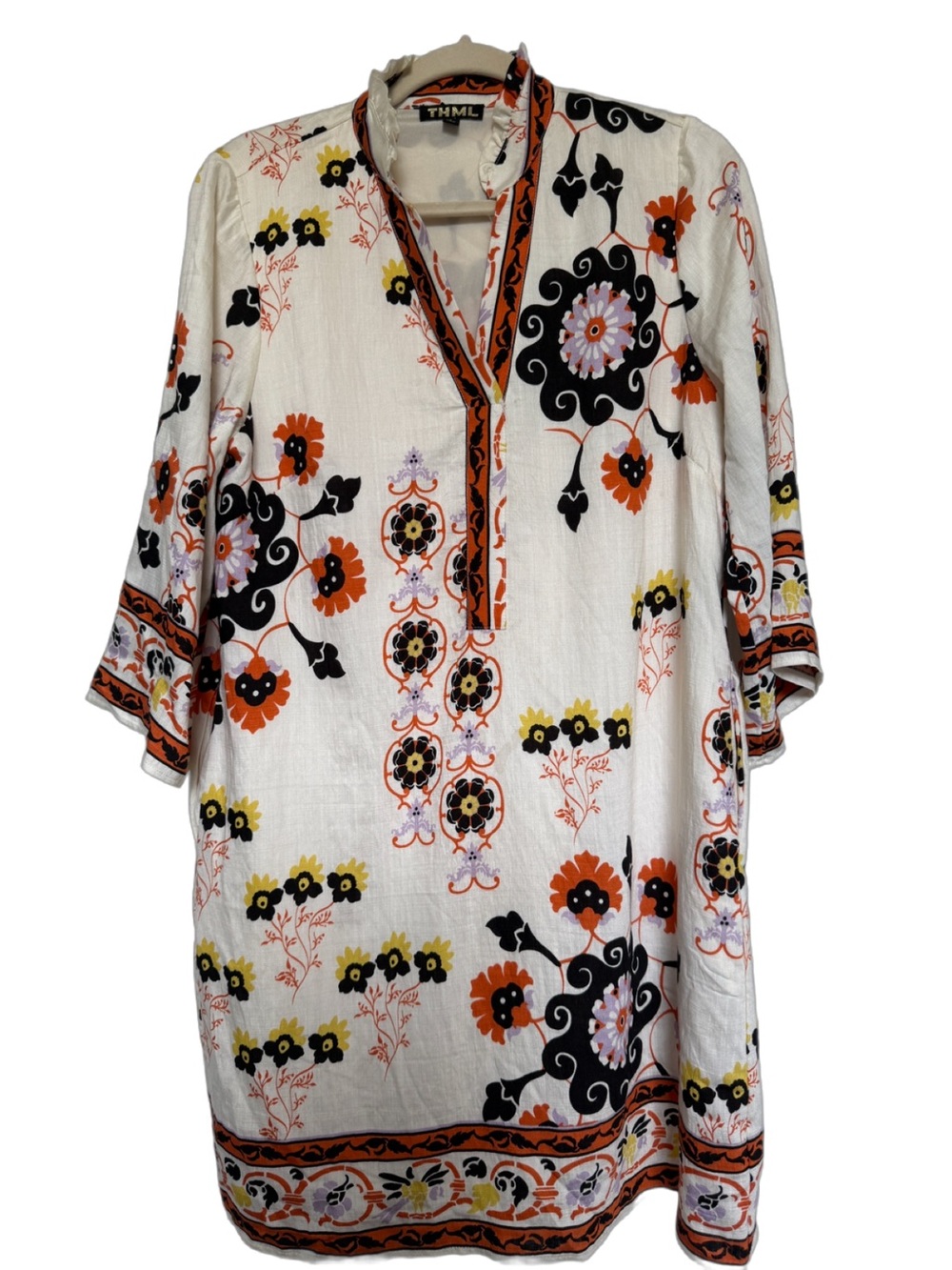 THML White Tunic Dress with Orange, Black & Yellow Floral Print